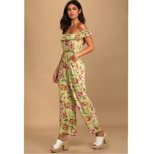 Lulu's Fierce Blooms Chartreuse Floral Off The Shoulder Jumpsuit